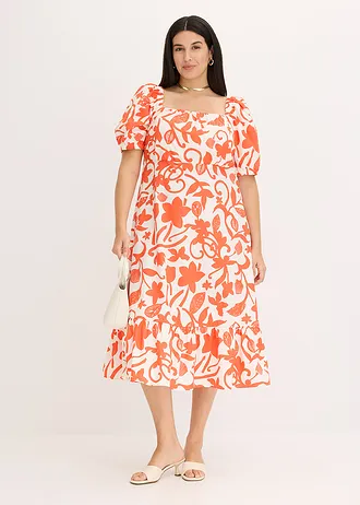 Robe midi 100% coton, Couleur: mangue-crème floral