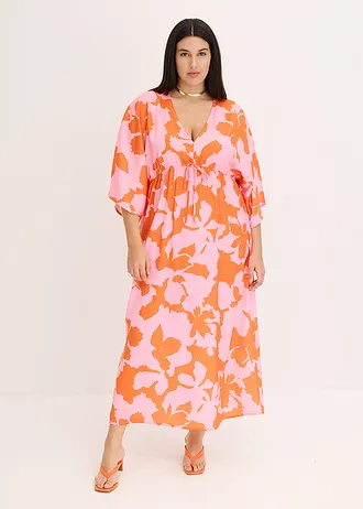 Maxi šaty ze splývavého saténu, barva: šeříkovo-oranžová s květy