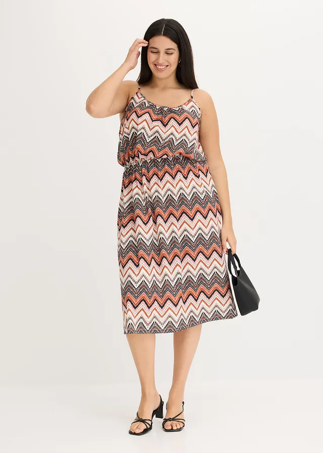Robe imprimée à fines bretelles, Couleur: écru/marron imprimé
