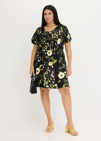 Jurk met pofmouwen, Kleur: zwart gebloemd
