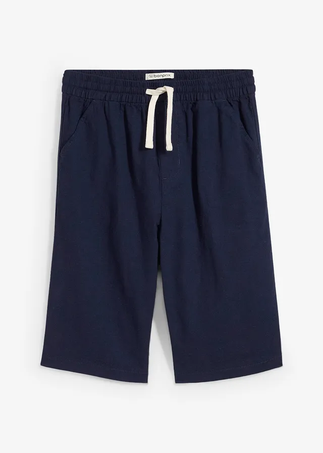 Pantaloni scurți cu elastic și șiret în talie, din mix vaporos de in, Regular Fit