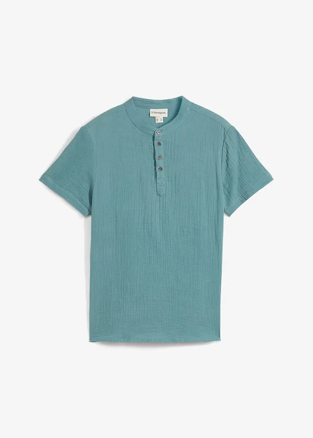 Cămașă cu mâneci scurte cu guler drept, din muselină moale