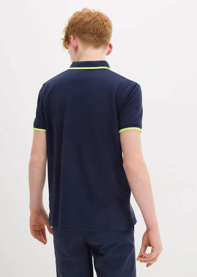 Polo en maille piquée 100% coton, Couleur: bleu foncé-jaune fluo