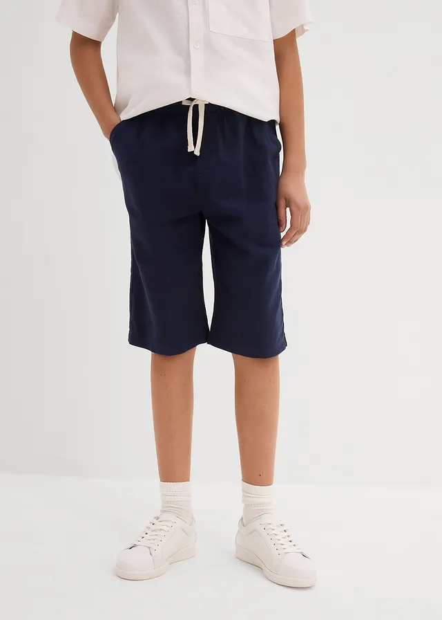 Short Regular à taille élastiquée en lin mélangé léger, Couleur: bleu foncé