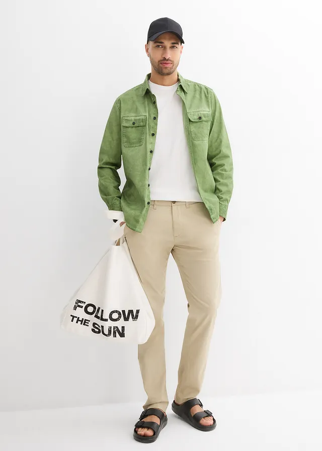 Strečové chino kalhoty, Regular Fit, Straight, barva: kouřová khaki