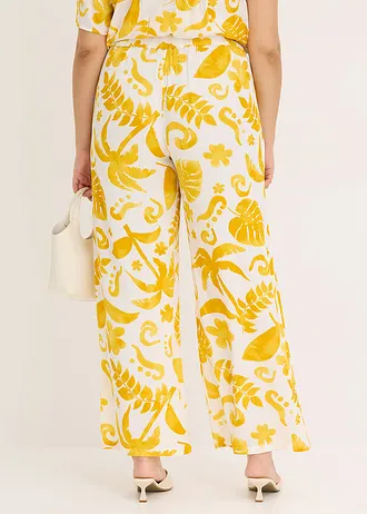 Wijde broek met print van gestructureerde viscose, Kleur: wit-lemoncurry gebloemd