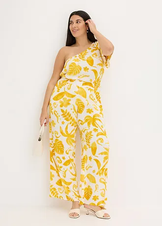 Wijde broek met print van gestructureerde viscose, Kleur: wit-lemoncurry gebloemd