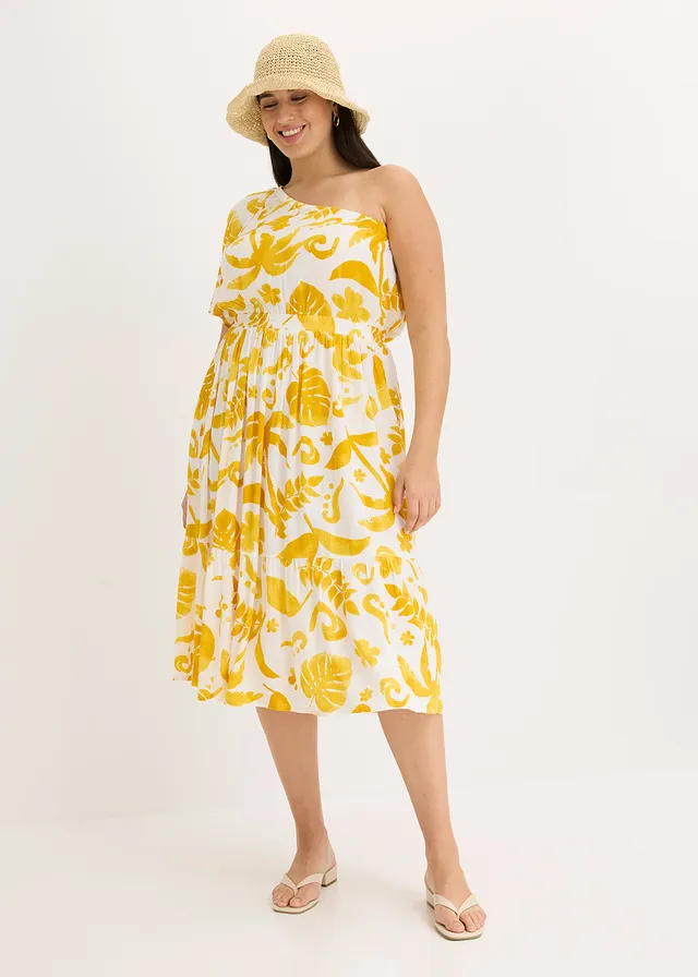 Robe asymétrique imprimée en viscose texturée, Couleur: blanc/curry floral