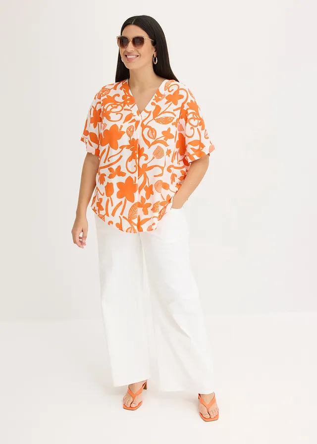 Tuniekblouse van soepele viscose met print, Kleur: wolwit-mango gebloemd