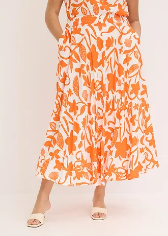 Maxirok van soepele viscose, Kleur: wolwit-mango gebloemd