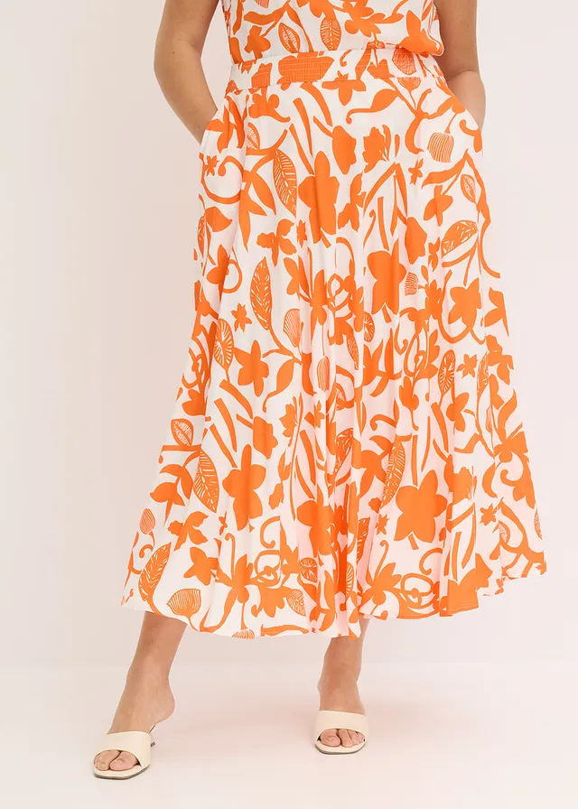 Jupe longue en viscose fluide, Couleur: écru/mangue floral