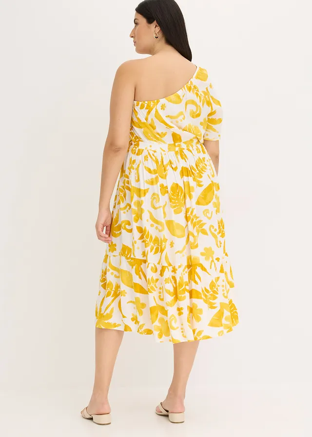 One shoulder jurk van gestructureerde viscose, Kleur: wit-lemoncurry gebloemd