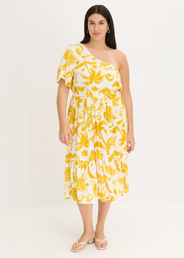 Robe asymétrique imprimée en viscose texturée, Couleur: blanc/curry floral