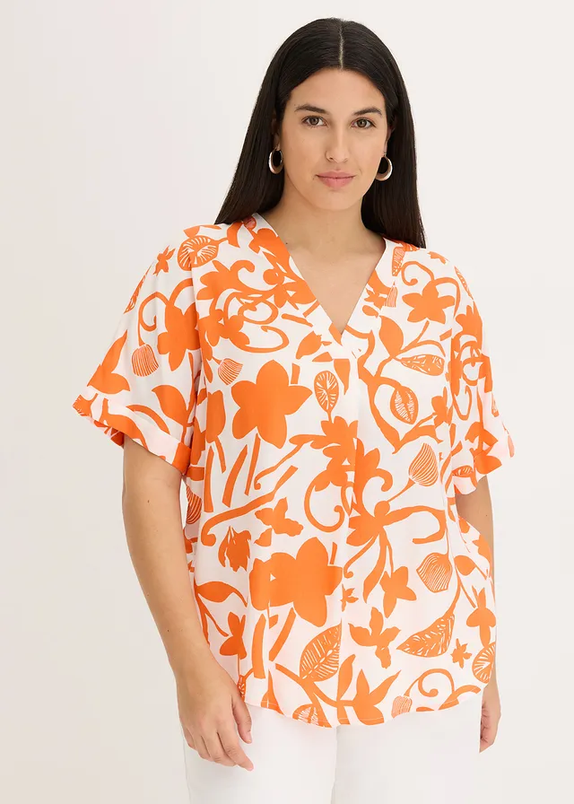 Tuniekblouse van soepele viscose met print, Kleur: wolwit-mango gebloemd