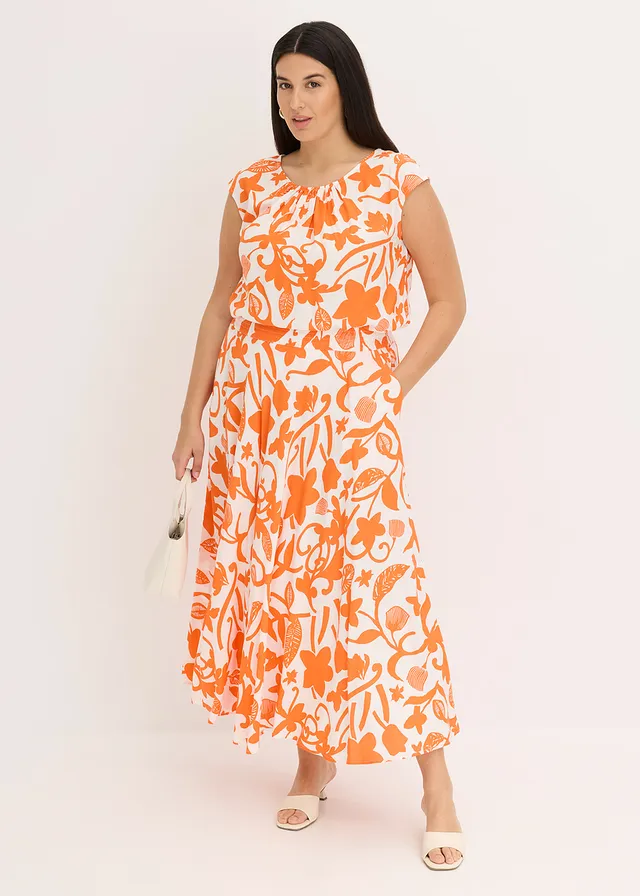 Maxi rok van soepele viscose, Kleur: wolwit-mango gebloemd