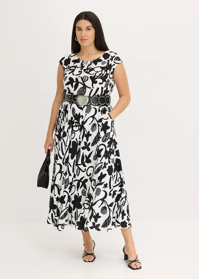 Jupe longue en viscose fluide, Couleur: écru/noir floral