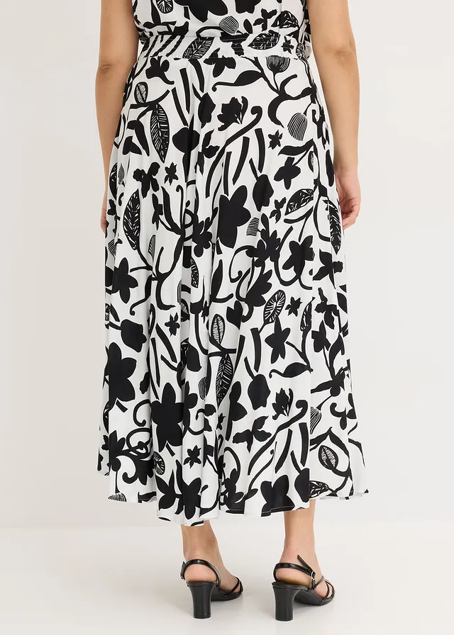 Jupe longue en viscose fluide, Couleur: écru/noir floral