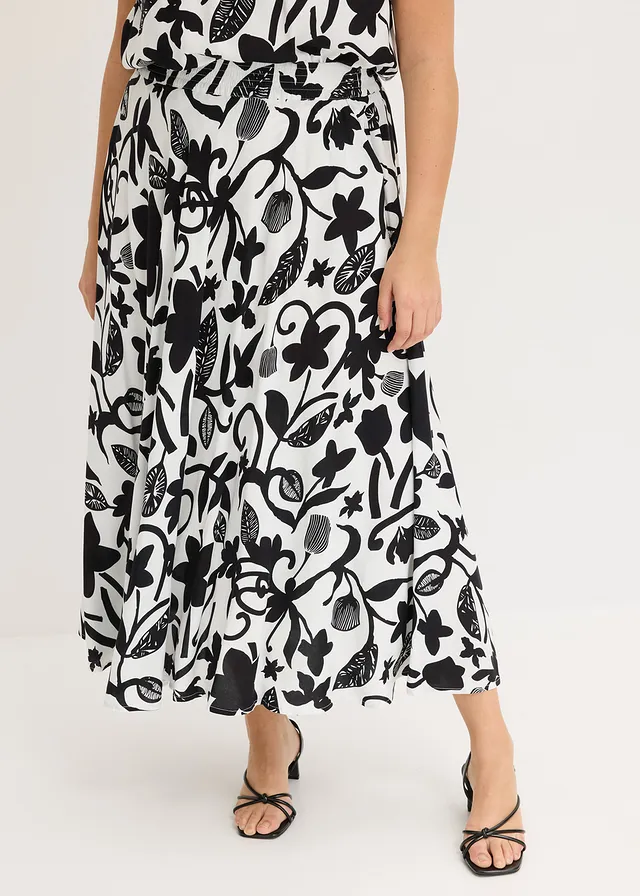 Jupe longue en viscose fluide, Couleur: écru/noir floral