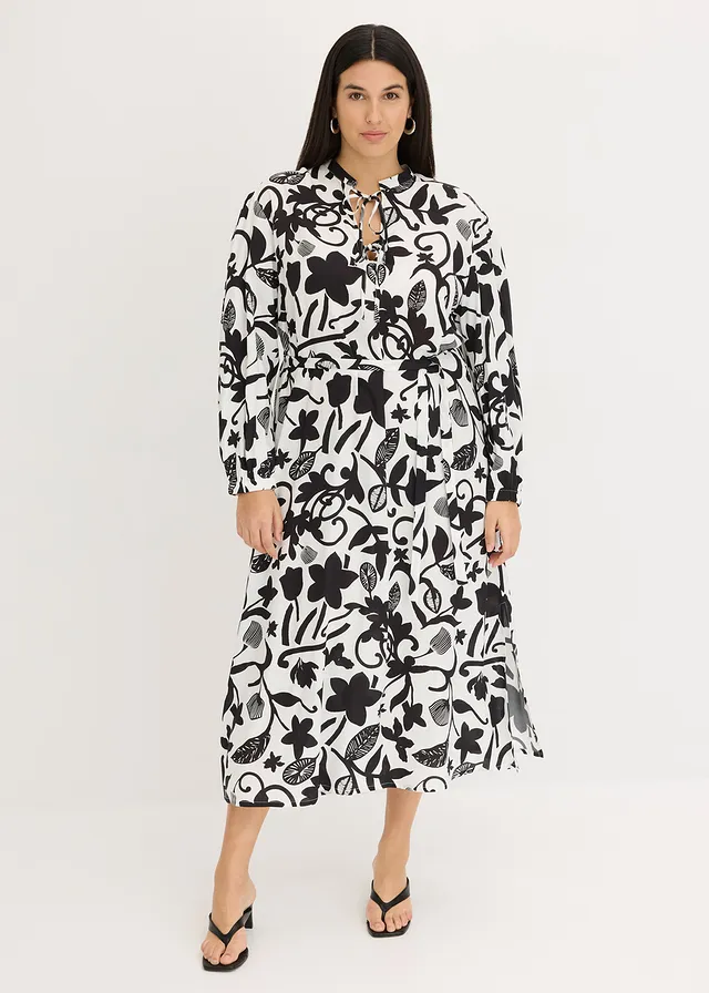 Robe caftan en viscose fluide, Couleur: noir/crème imprimé