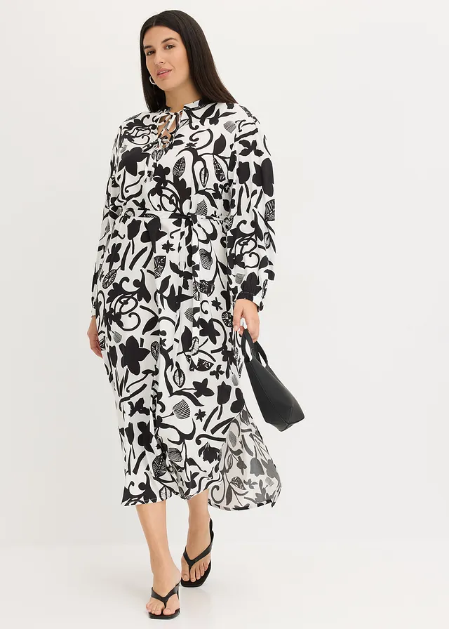 Robe caftan en viscose fluide, Couleur: noir/crème imprimé