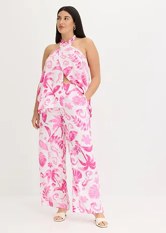 Pantalon large en viscose texturée, Couleur: blanc/fuchsia