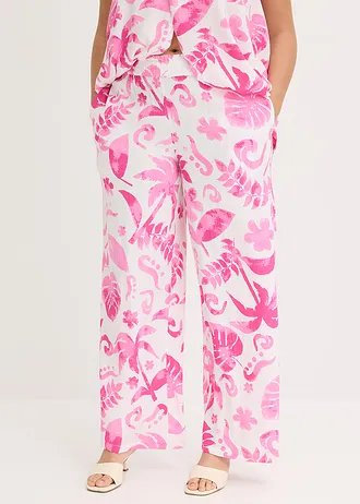 Pantalon large en viscose texturée, Couleur: blanc/fuchsia
