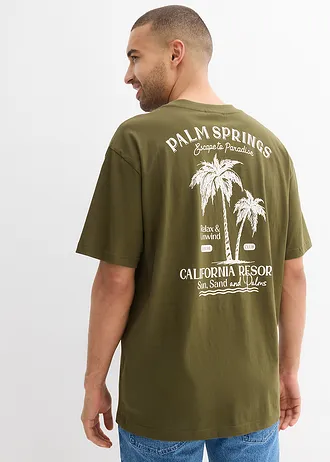 T-shirt z nadrukiem na plecach, luźny fason • ciemny oliwkowy z nadrukiem • sklep bonprix