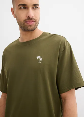 T-shirt z nadrukiem na plecach, luźny fason • ciemny oliwkowy z nadrukiem • sklep bonprix
