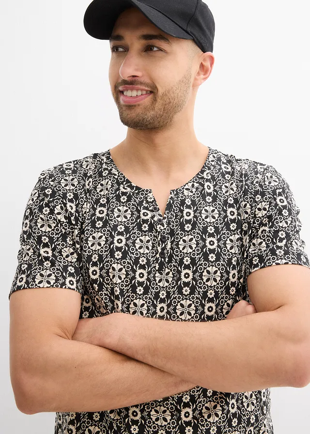 T-shirt col tunisien 100% coton • beige galet/noir imprimé graphique • product-page.page-title-suffix