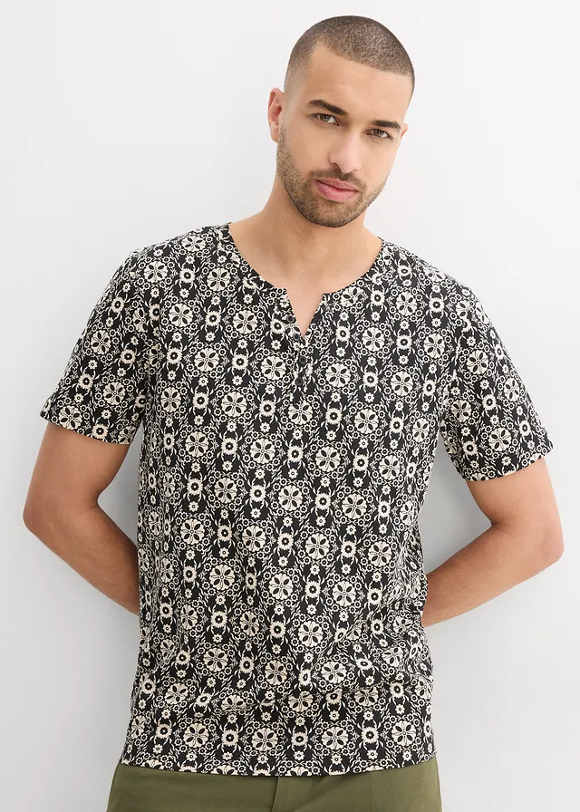 T-shirt col tunisien 100% coton • beige galet/noir imprimé graphique • product-page.page-title-suffix
