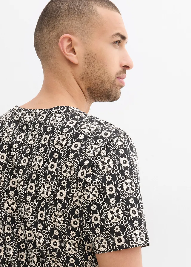 T-shirt col tunisien 100% coton • beige galet/noir imprimé graphique • product-page.page-title-suffix