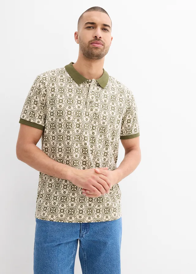 Polo en coton, Couleur: beige galet/olive foncé imprimé graphique