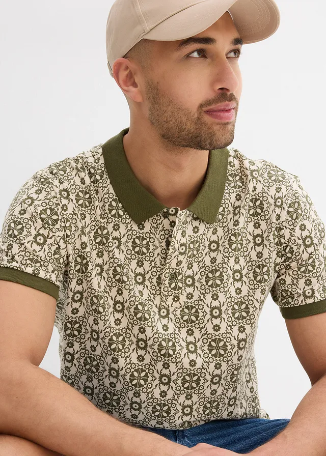 Poloshirt met korte mouwen van biologisch katoen • kiezelgrijs/donkerolijfgroen grafisch • product-page.page-title-suffix