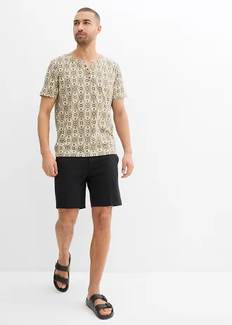 T-shirt col tunisien 100% coton • beige galet/olive foncé imprimé graphique • Boutique bonprix