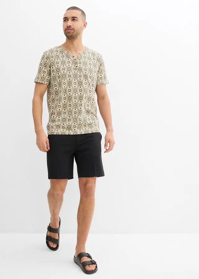 T-shirt col tunisien 100% coton • beige galet/olive foncé imprimé graphique • product-page.page-title-suffix