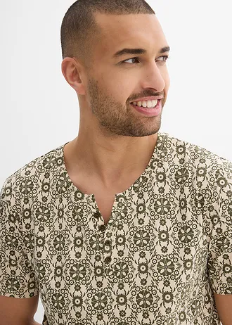 T-shirt col tunisien 100% coton • beige galet/olive foncé imprimé graphique • Boutique bonprix