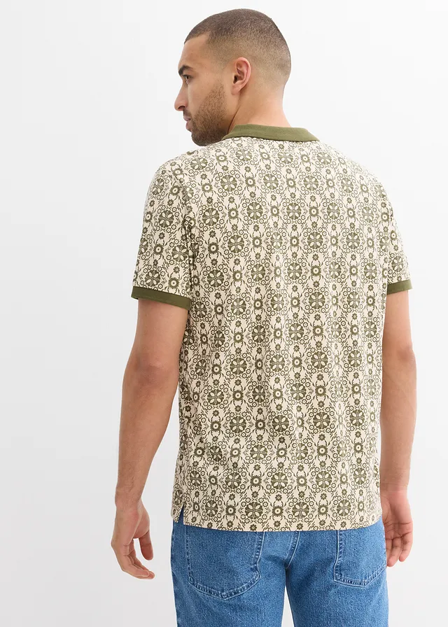 Polo en coton, Couleur: beige galet/olive foncé imprimé graphique