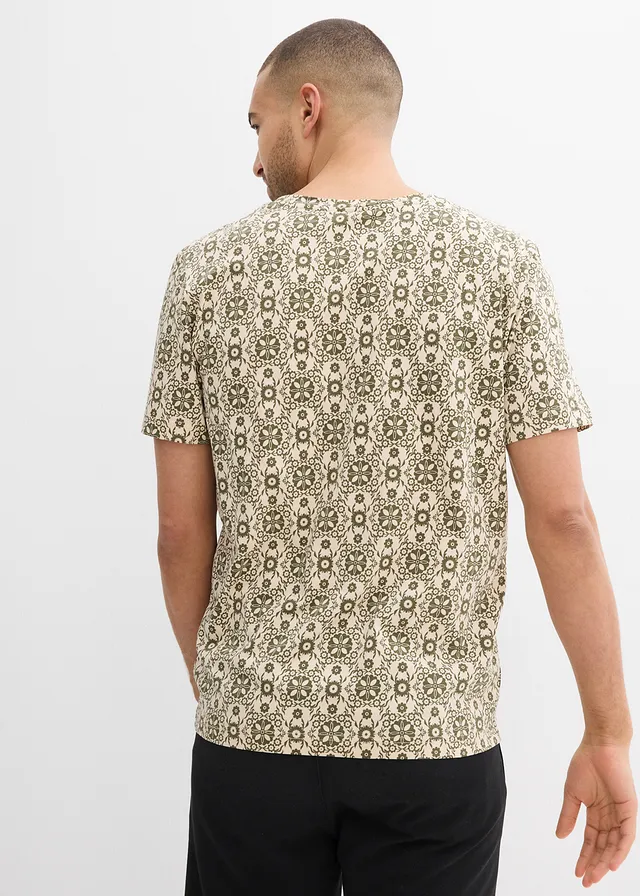 T-shirt col tunisien 100% coton, Couleur: beige galet/olive foncé imprimé graphique