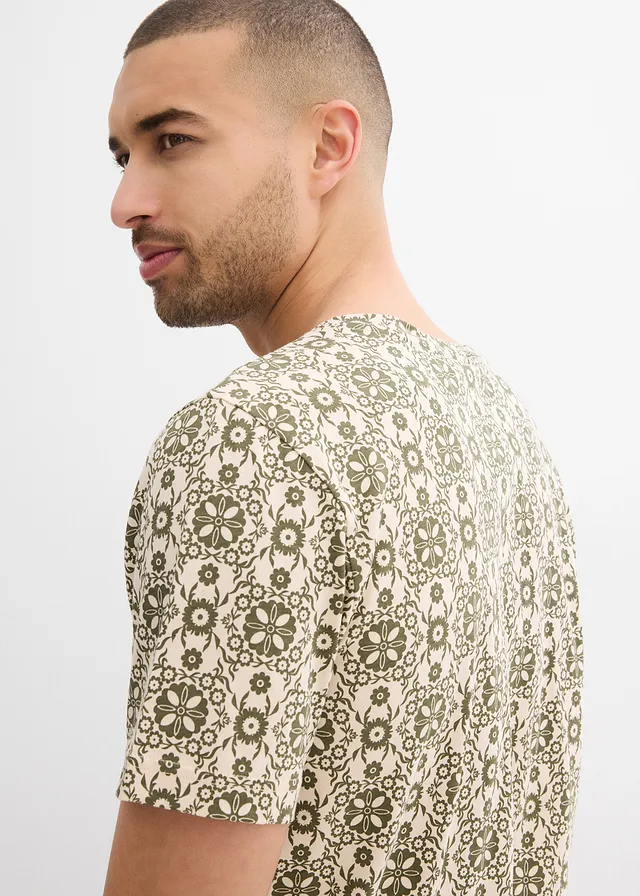 T-shirt col tunisien 100% coton • beige galet/olive foncé imprimé graphique • product-page.page-title-suffix