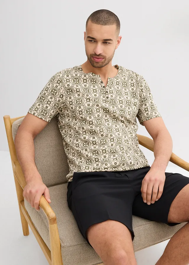 T-shirt col tunisien 100% coton • beige galet/olive foncé imprimé graphique • product-page.page-title-suffix