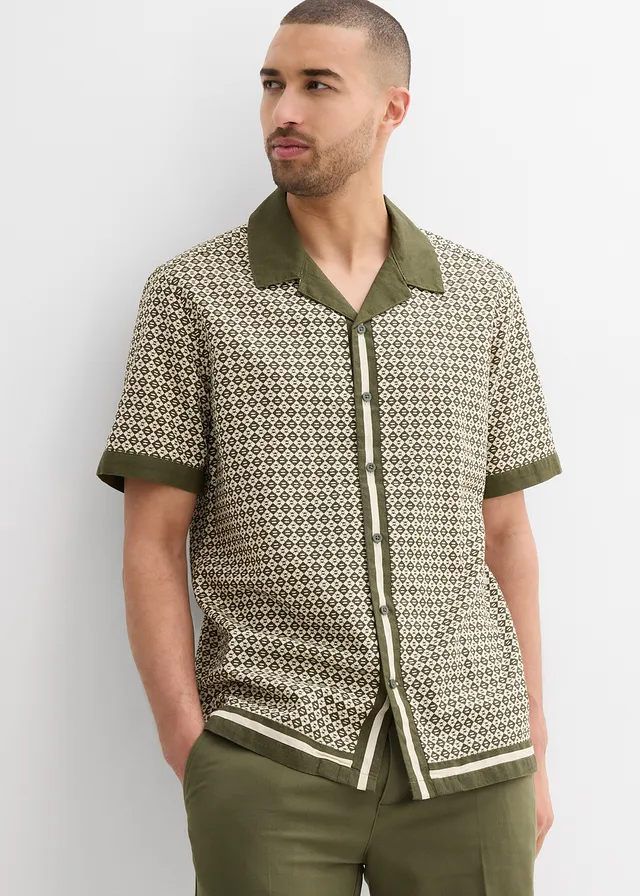 Chemise manches courtes en lin majoritaire, Couleur: beige galet/olive foncé imprimé graphique