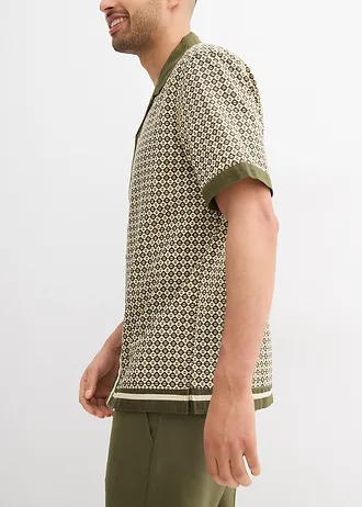 Košile s krátkým rukávem a se lnem • šedobéžovo-tmavě olivová s grafickým potiskem • bonprix obchod
