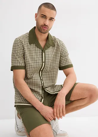 Košile s krátkým rukávem a se lnem • šedobéžovo-tmavě olivová s grafickým potiskem • bonprix obchod