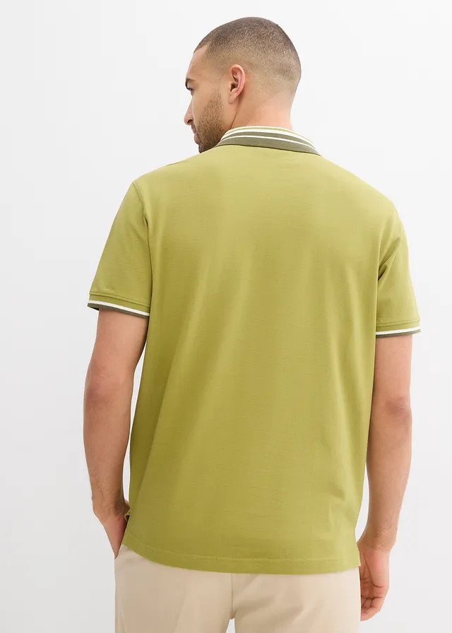 Polo en maille piquée 100% coton, Couleur: olive doré-olive foncé-écru