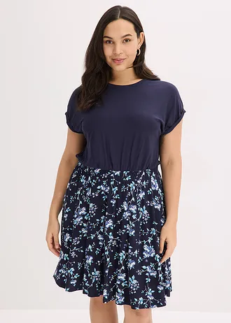 Jersey jurk van een viscosemix, Kleur: donkerblauw/lichtblauw gebloemd