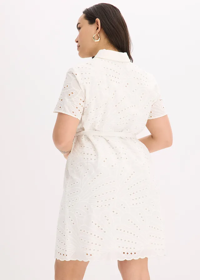 Overhemdjurk met broderie anglaise, Kleur: wit