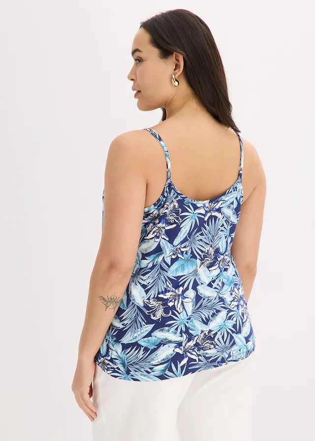 Top à fines bretelles en viscose extensible douce, Couleur: bleu floral
