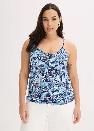 Top van een zachte viscosemix met spaghettibandjes, Kleur: blauw gebloemd