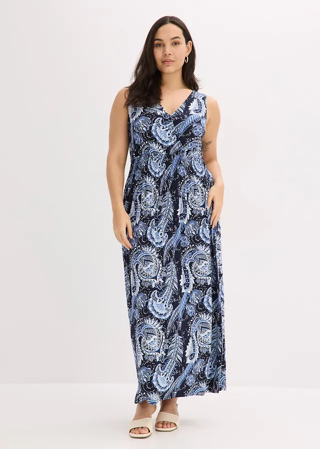Robe longue en viscose douce et extensible, Couleur: bleu foncé-bleu clair paisley