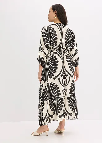 Robe longue en viscose fluide, Couleur: noir/écru imprimé